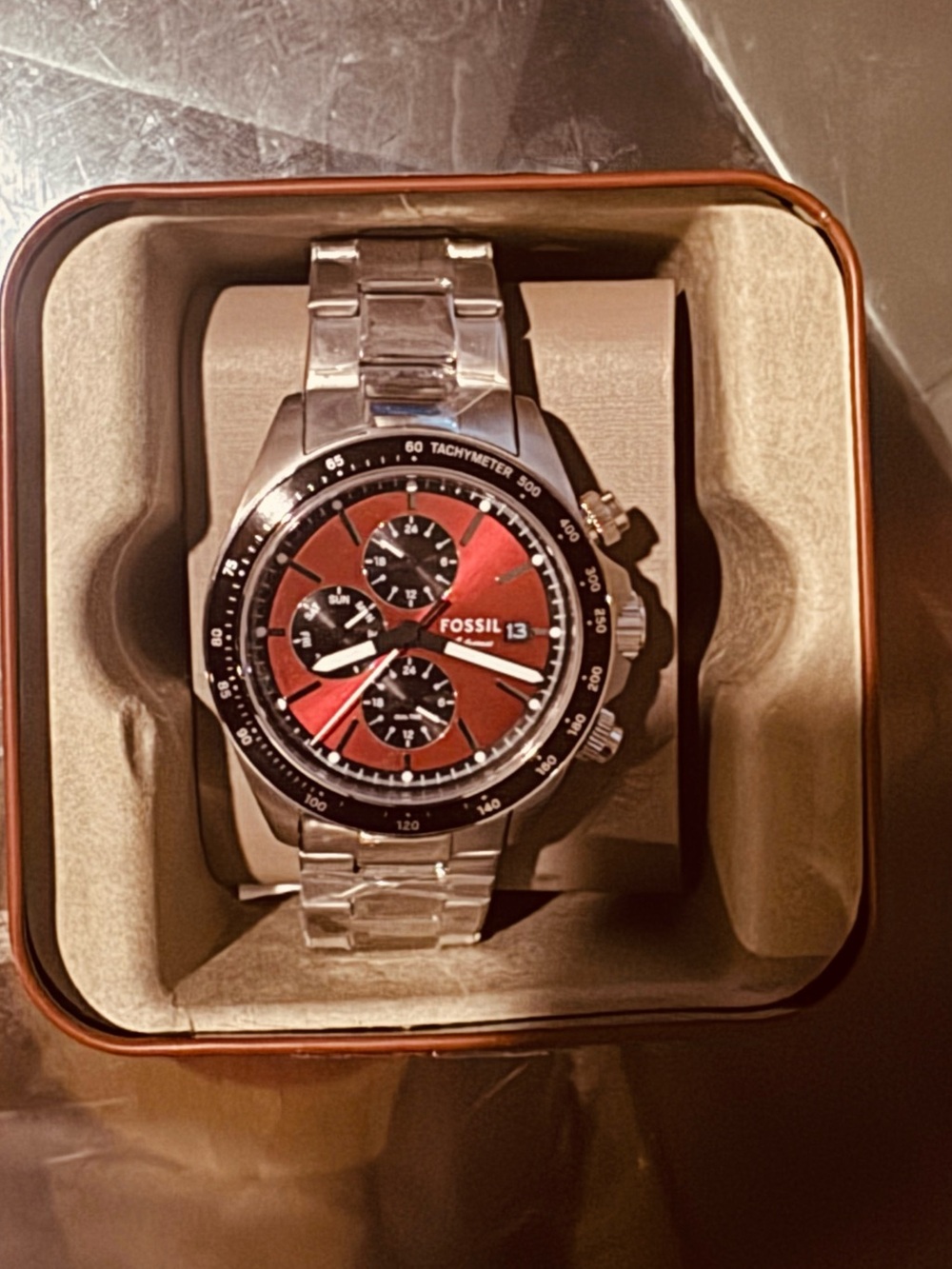 Fossil Silver Bracelet Chronograph Watch with Red Dial